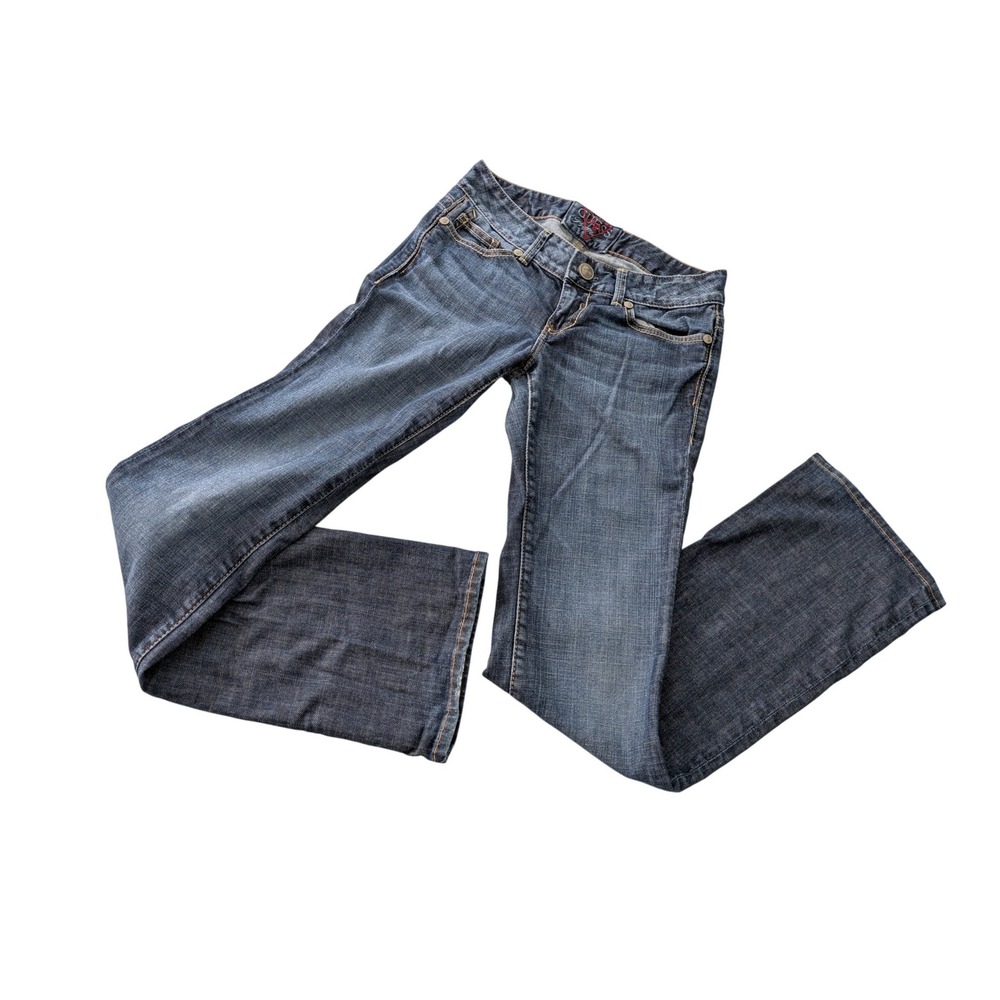 VTG Guess Daredevil Bootcut Jeans Womens 29 Dark Wash Embro Pockets Low Rise